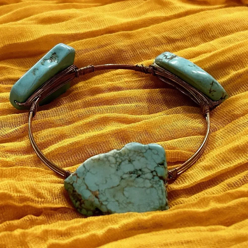 Handcrafted Copper Wire Bangle Bracelet Raw Turquoise Stones - Picture 7 of 7